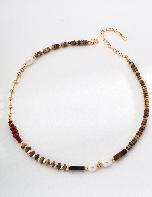 Vintage Tiger Eye & Freshwater Pearl Necklace